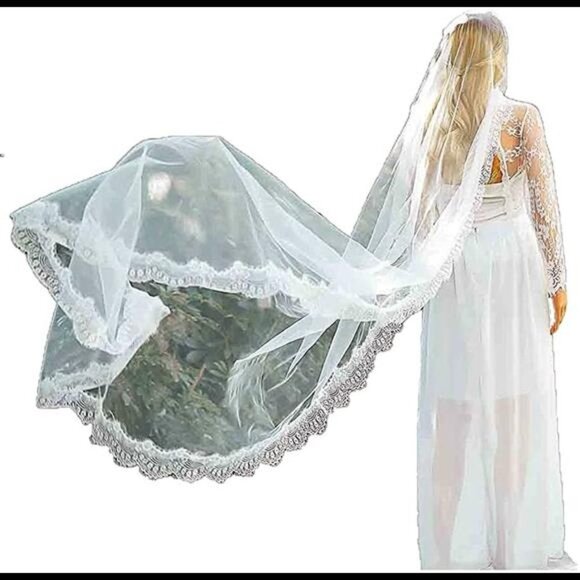 Women's Vintage Lace Bride Wedding Veil 1 Tier Long Cathedral Hair Accessories - Picture 2 of 7